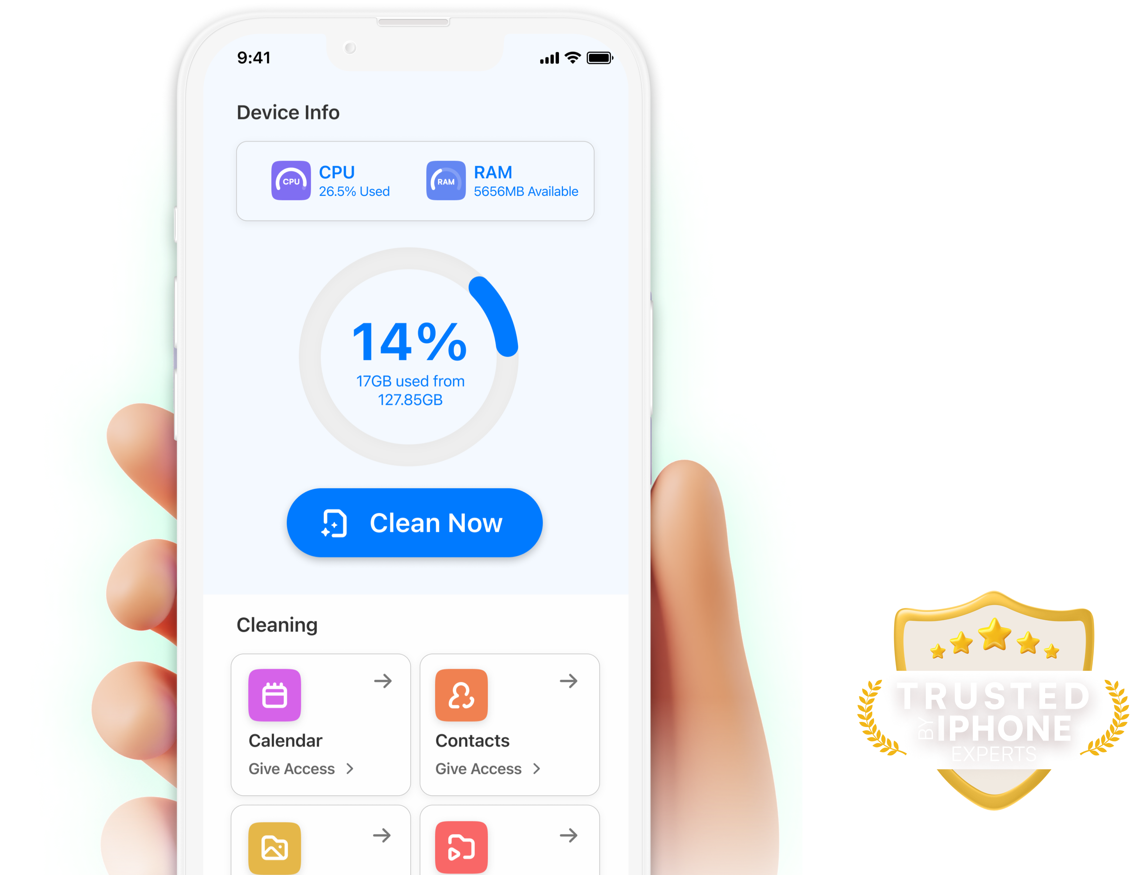 hand holding iPhone with Clean Phone Storage Now App