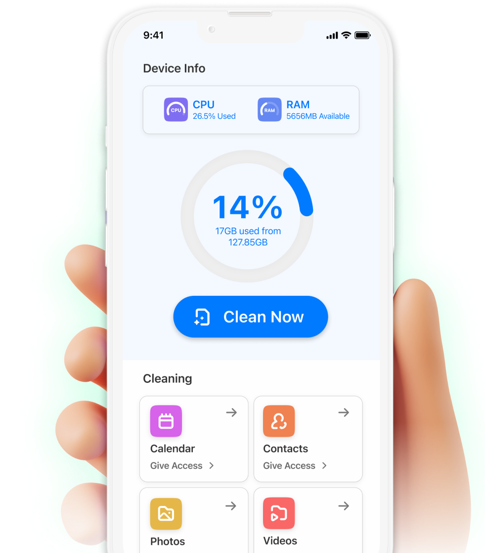 hand holding iPhone with Clean Phone Storage Now App